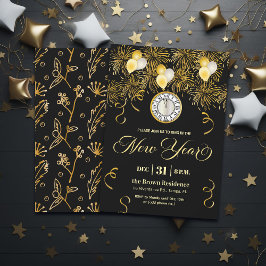 Black and Gold Glitter New Year's Eve Party  Kaart