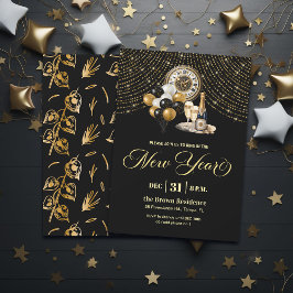 Black and Gold Glitter New Year's Eve Party  Kaart