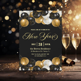Black and Gold Glitter New Year's Eve Party  Kaart