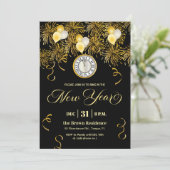 Black and Gold Glitter New Year's Eve Party  Kaart (Staand voorkant)