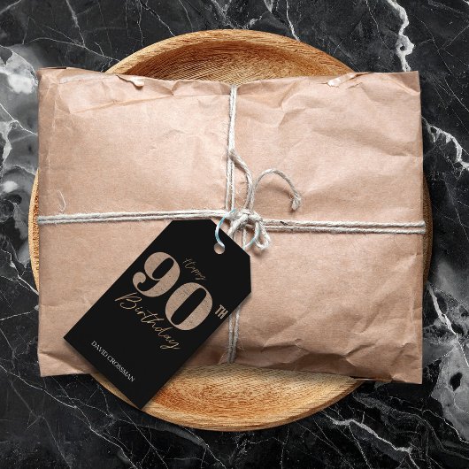 Black and Gold Glitter Numeral 90th Birthday  Cadeaulabel