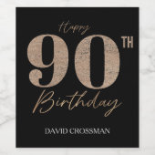 Black and Gold Glitter Numeral 90th Birthday  Wijn Etiket (Enkel label)