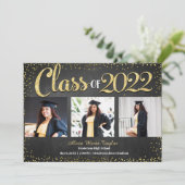 Black and Gold Glitter Photo Afstuderen Invitation Kaart (Staand voorkant)
