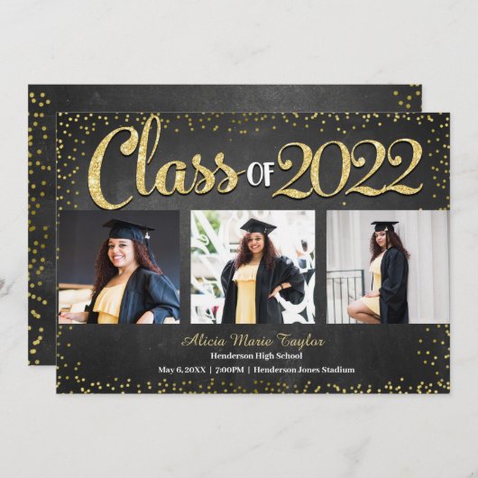 Black and Gold Glitter Photo Afstuderen Invitation Kaart (Voorkant / Achterkant)