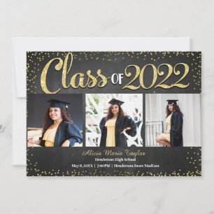 Black and Gold Glitter Photo Afstuderen Invitation Kaart