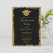 Black and Gold Glitter Photo Graduparty Kaart (Staand voorkant)