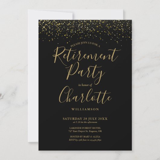 Black and Gold Glitter Script Retirement Party Kaart (Voorkant)