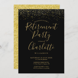 Black and Gold Glitter Script Retirement Party Kaart