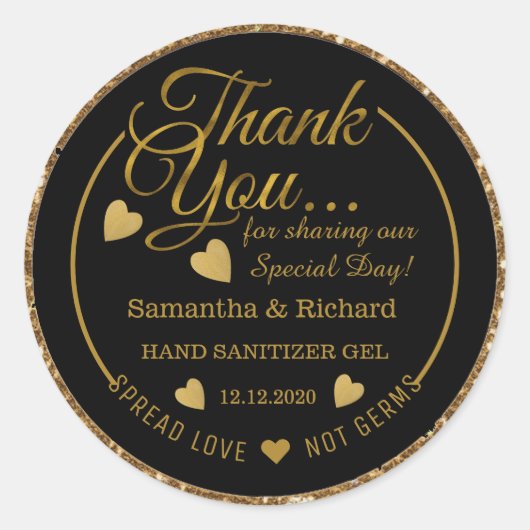 Black and Gold Glitter Spread Love Hartelijk dank Ronde Sticker (Voorkant)