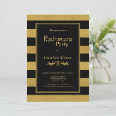 Black and Gold Glitter Striped Retirement Party Kaart (Staand voorkant)