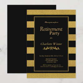 Black and Gold Glitter Striped Retirement Party Kaart
