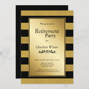 Black and Gold Glitter Striped Retirement Party Kaart