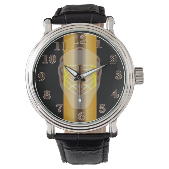 Black and Gold Goalie Mask Hockey Wrist Watch Horloge (Voorkant)
