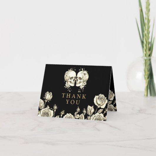 Black And Gold Gothic Floral Skulls Wedding Bedankkaart (Voorkant)