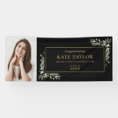 Black and Gold Greenery Afstuderen Photo Congrates Spandoek (Horizontaal)