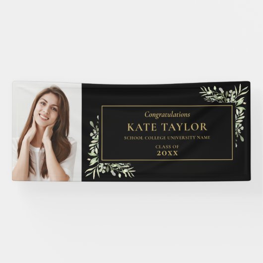 Black and Gold Greenery Afstuderen Photo Congrates Spandoek (Horizontaal)