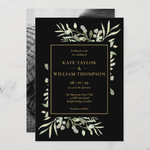 Black and Gold Greenery Foliage Photo Wedding Kaart