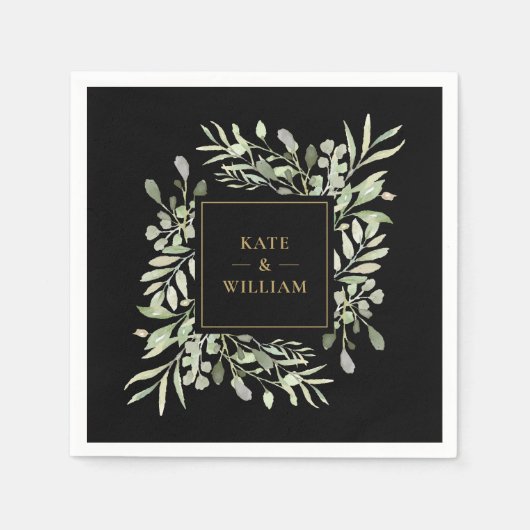 Black and Gold Greenery Foliage Wedding Servet (Voorkant)
