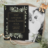 Black and Gold Greenery Photo Wedding Kaart