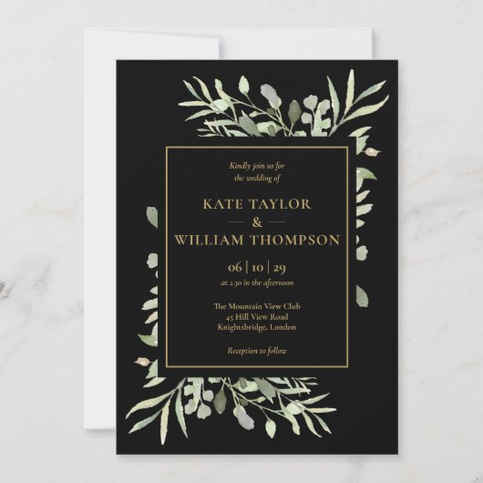 Black and Gold Greenery Photo Wedding Kaart (Voorkant)