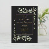 Black and Gold Greenery Photo Wedding Kaart (Staand voorkant)