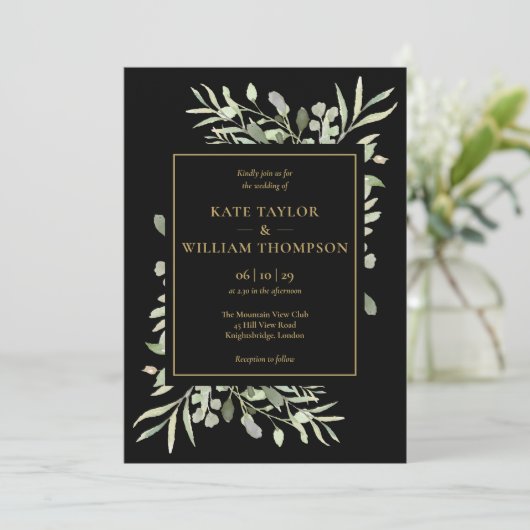 Black and Gold Greenery Photo Wedding Kaart (Staand voorkant)
