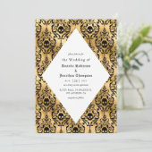 Black and Gold Halloween Damask Gothic Wedding Kaart (Staand voorkant)