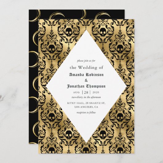 Black and Gold Halloween Damask Gothic Wedding Kaart (Voorkant / Achterkant)