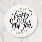 Black and Gold Happy New Year Calligraphy Wreath Bedankjes Labels (Voorkant)