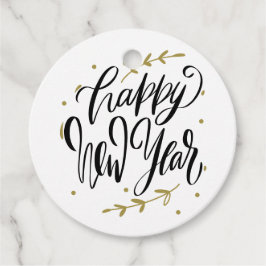 Black and Gold Happy New Year Calligraphy Wreath Bedankjes Labels