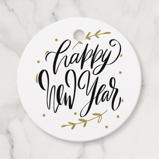 Black and Gold Happy New Year Calligraphy Wreath Bedankjes Labels (Voorkant)
