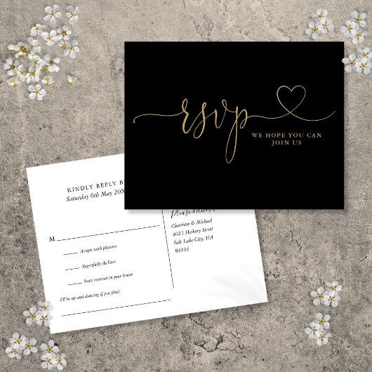Black and Gold Heart Script Song Request RSVP-kaar Uitnodiging Briefkaart