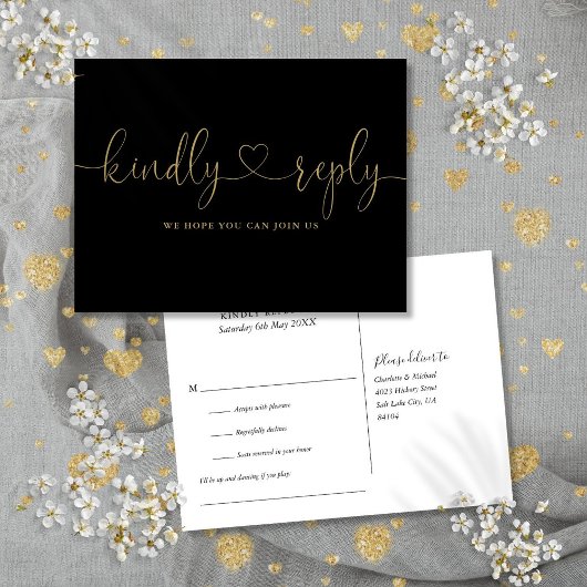 Black and Gold Heart Script Song Request RSVP Uitnodiging Briefkaart