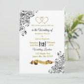 Black and Gold Hearts bruiloft uitnodigingen (Staand voorkant)