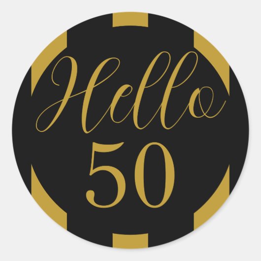 Black and Gold Hello 50 Celebration Design Ronde Sticker (Voorkant)