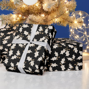 Black and Gold Holly en Berry kerstpatroon Cadeaupapier