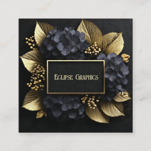 Black and Gold Hydrangea Floral Geometric Modern Vierkante Visitekaartje (Voorkant)