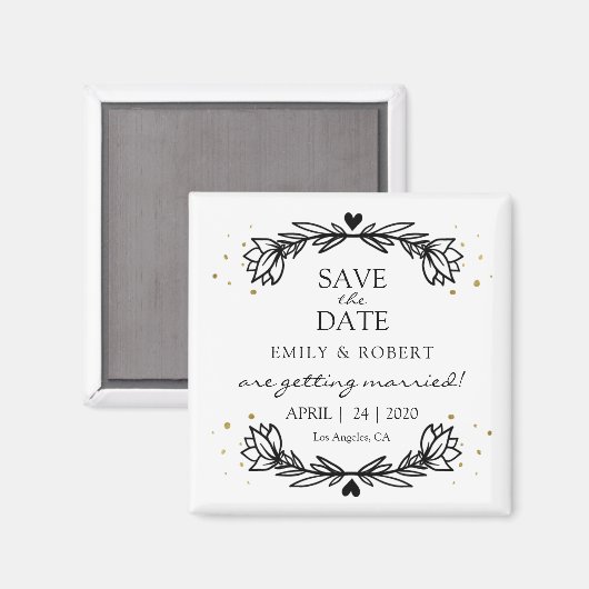 Black and Gold Laurel Save the Date Wedding Magneet (Voorkant / Achterkant)