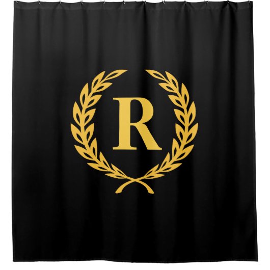 Black and Gold Laurel Wreath Monogram Douchegordijn (Voorkant)