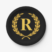 Black and Gold Laurel Wreath Monogram Papieren Bordje (Voorkant)