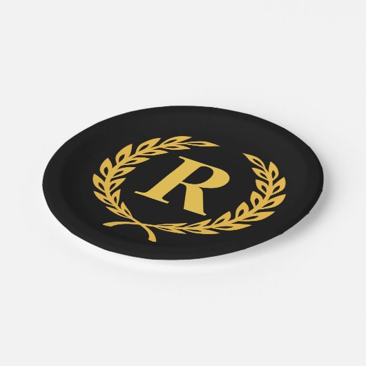 Black and Gold Laurel Wreath Monogram Papieren Bordje (Gekanteld)