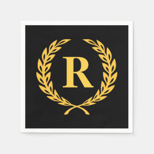 Black and Gold Laurel Wreath Monogram Servet