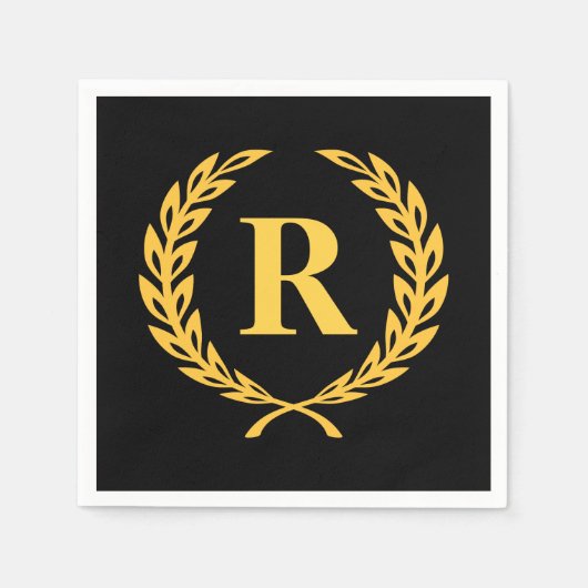 Black and Gold Laurel Wreath Monogram Servet (Voorkant)