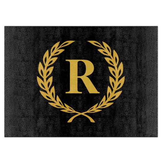Black and Gold Laurel Wreath Monogram Snijplank (Voorkant)