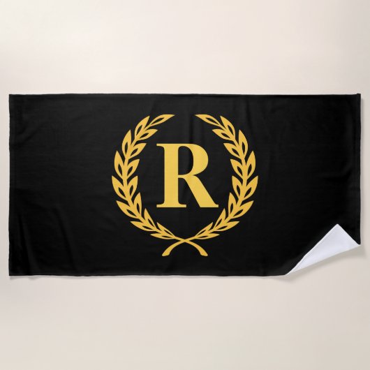 Black and Gold Laurel Wreath Monogram Strandlaken (Voorkant)