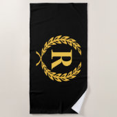 Black and Gold Laurel Wreath Monogram Strandlaken (Voorkant)