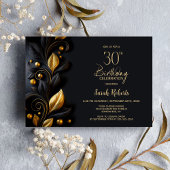 Black and Gold Leaves 30th Birthday Party Kaart