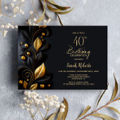 Black and Gold Leaves 40th Birthday Party Kaart
