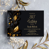 Black and Gold Leaves 80th Birthday Party Kaart