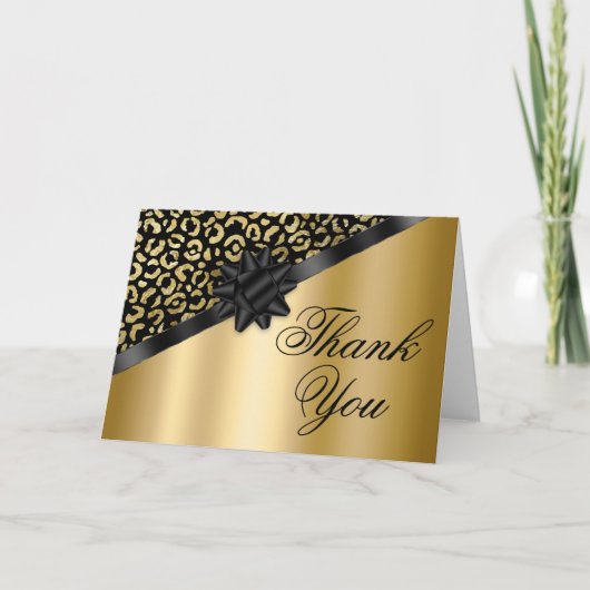 Black and Gold Leopard Shimmer Black Bow Gift Bedankkaart (Voorkant)